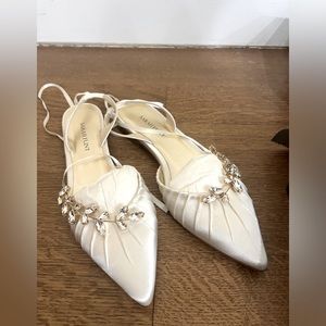 Sarah Flint flat evening shoes, ivory satin with crystal embellishment, 38.5